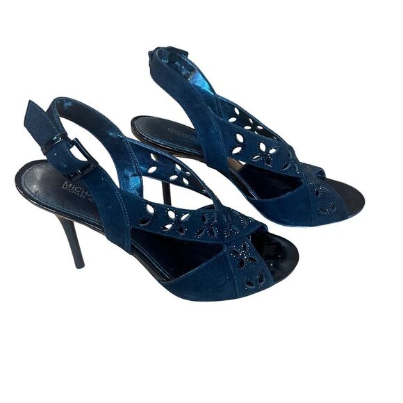 Michael Kors Slingback Black Suede Strappy Heels Peep Toe Shoes 8 - Picture 4 of 12